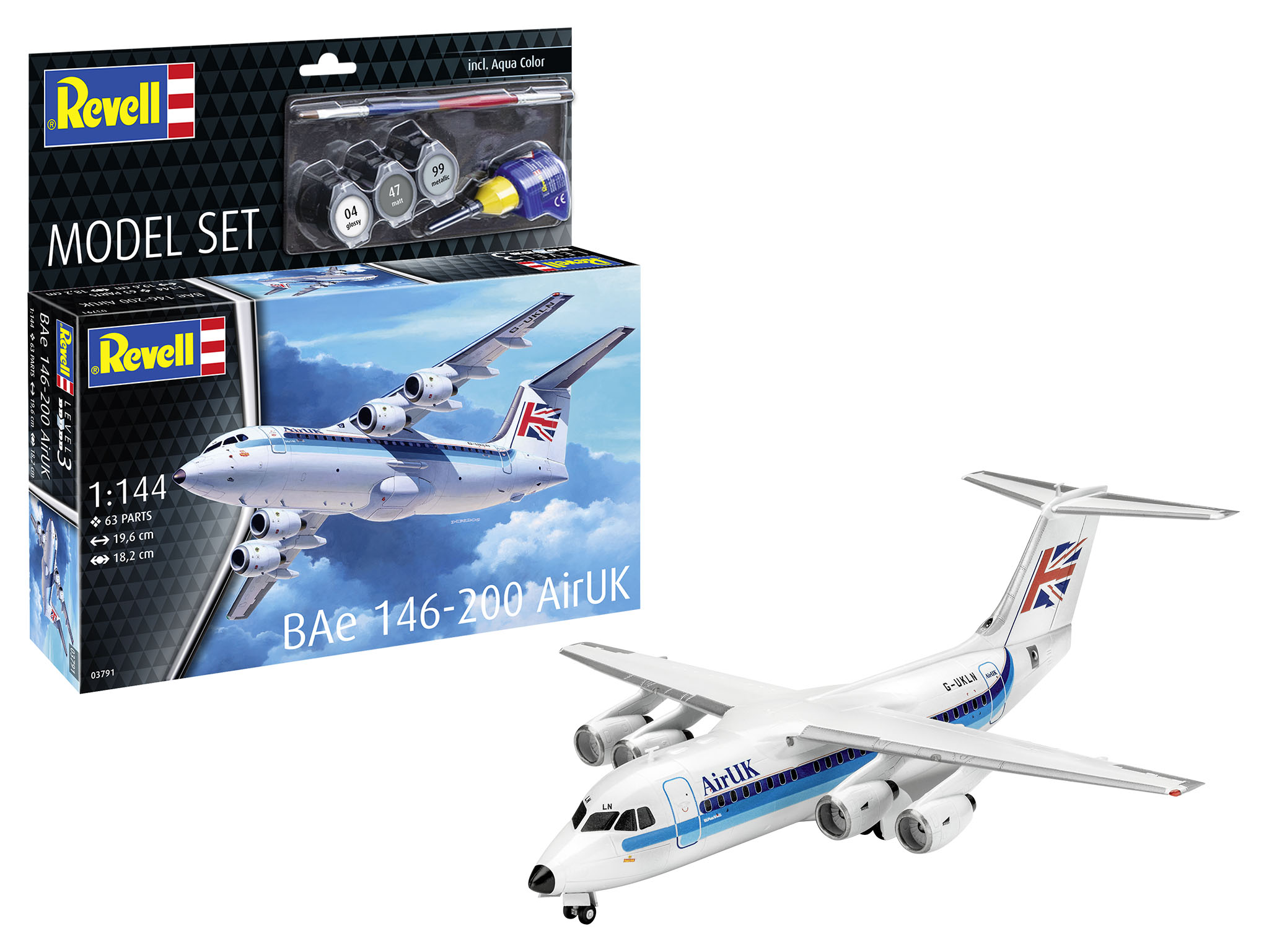 Revell 63791 Model Set BAE 146-200 “AirUK” Flugzeug, Verkehrsflugzeug, Fahrzeug, Flug