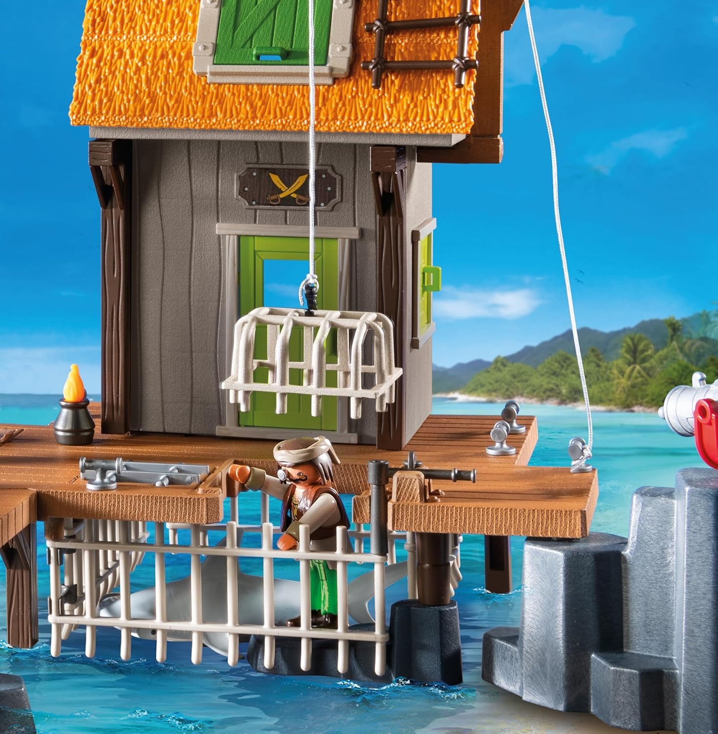PLAYMOBIL 71792 - Pirates: Piratenhafen mit Seeräuber-Gefängnis & Haikäfig Natur, Draußen, Szenerie, Person