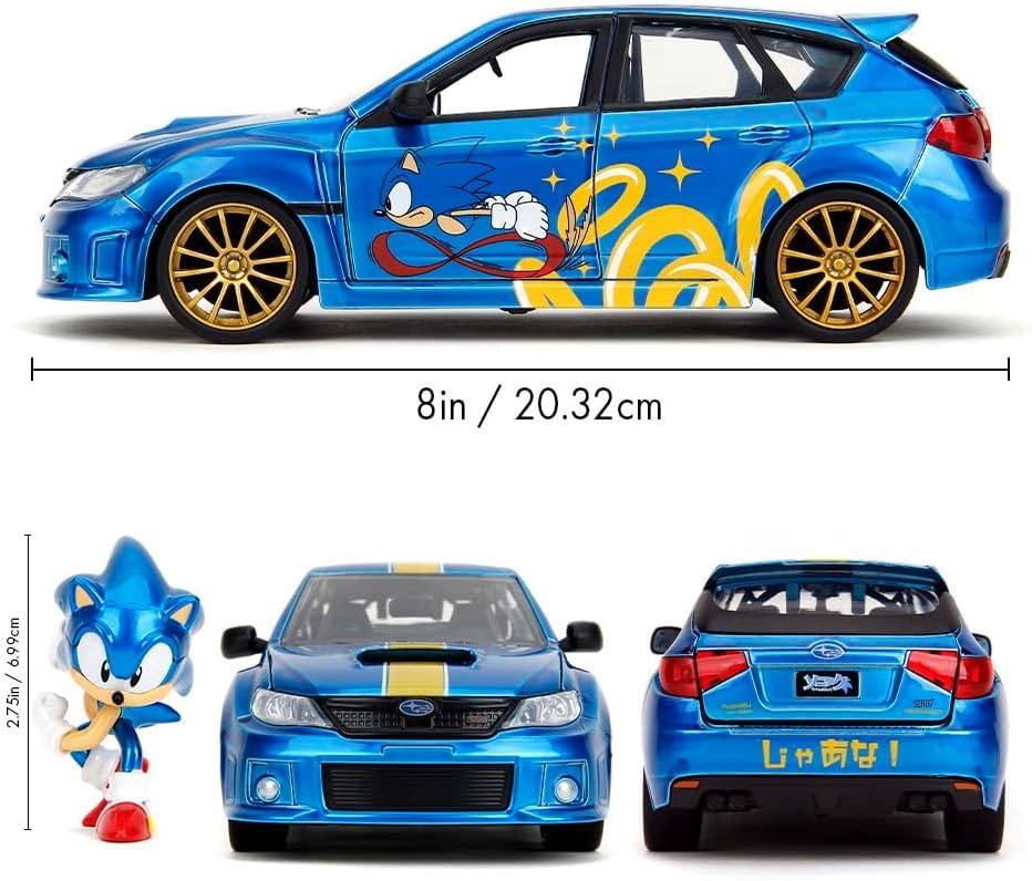 Jada 253255087 Sonic Subaru Impreza WRX STI 2012 - Modellauto 1:24 mit Figur Sprach, Leichtmetallfelge, Rad, Spielzeug, Nummernschild