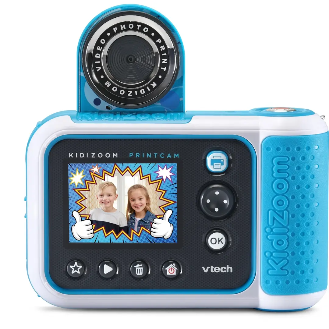 VTech KidiZoom Print Cam Kinder-Kamera mit Direkt-Druck ab 4 Jahren VTech KidiZoom Print Cam in Azurblau, Kunststoff-Kamera mit 2 MP, 4× Zoom, 2,4 Display, Thermodrucker, 60 Druckvorlagen, 40 Effekte, microSD-Slot, Akku-USB, ab 4 J.,
