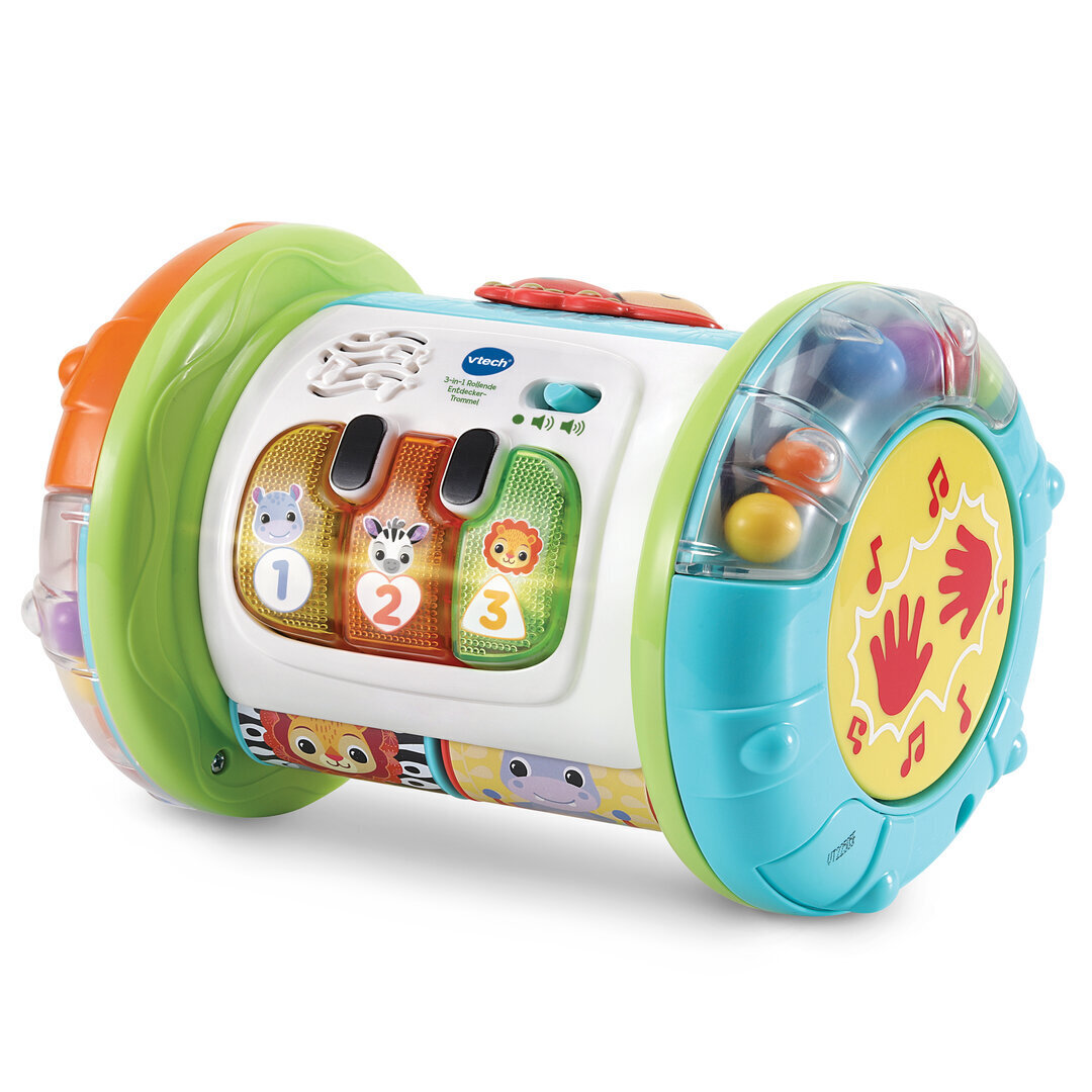 VTech 3-in-1 Rollende Entdecker-Trommel musikalischer Motorik-Spaß ab 9 Monaten VTech 3-in-1 Rollende Entdecker-Trommel in buntem Kunststoff 13,8×18,8 cm, Rollen, Trommeln, 5 Entdeckerseiten mit Leucht-Klavier, Musik 7 Lieder, 18 Melodien, Bewegungssensor, kindersicher, ab 9 Monaten, Spielzeug