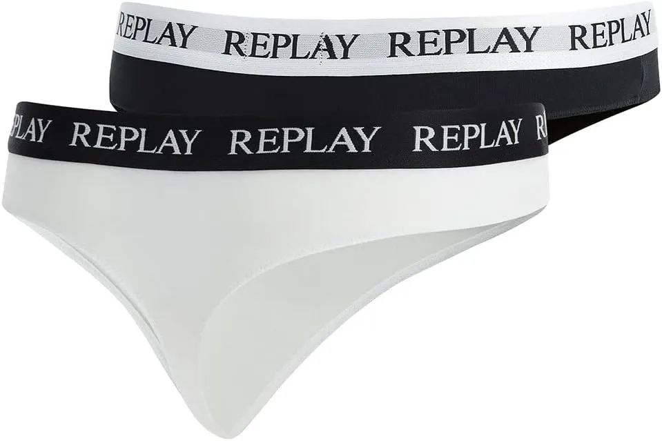 REPLAY Damen Strings I101296BW - Schwarz/Weiß, 2er Pack mit Logo-Bund GR. L
