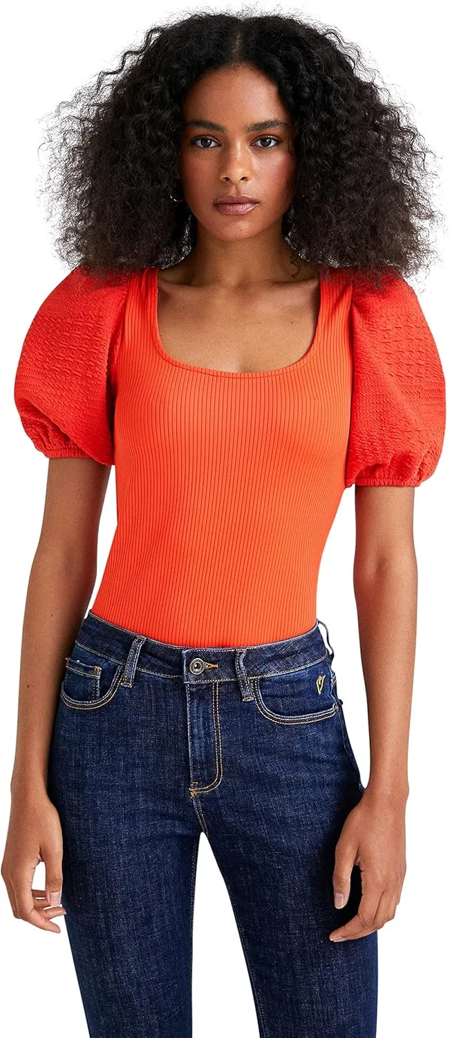 Desigual Damen Body - Oranger Body mit Puffärmeln 22WWQK187002 GR. L Desigual Damen Body - Oranger Body mit Puffärmeln 22WWQK187002 GR. L
