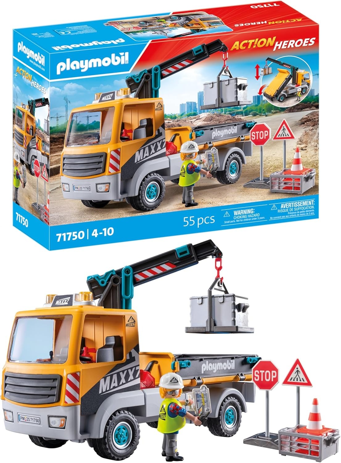 PLAYMOBIL 71750 Action Heroes: Baustellen-LKW mit Kran und Zubehör Abschleppwagen, Lastwagen, Fahrzeug, Straßenschild, Symbol