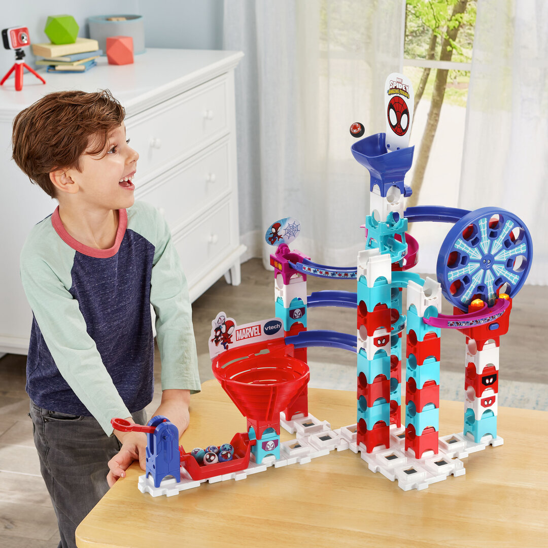 VTech Marble Rush Spidey Super Spin Challenge SP300 E interaktive Kugelbahn ab 4 Jahren VTech Marble Rush Spidey Super Spin Challenge SP300 E 62 Teile mit motorisiertem Riesenrad, 6 Spidey-MarBalls, einstellbarer Launcher, versteckter Spidey-Effekt, fördert Kreativität & räumliches Denken, ab 4 J., Person, Maschine, Rad