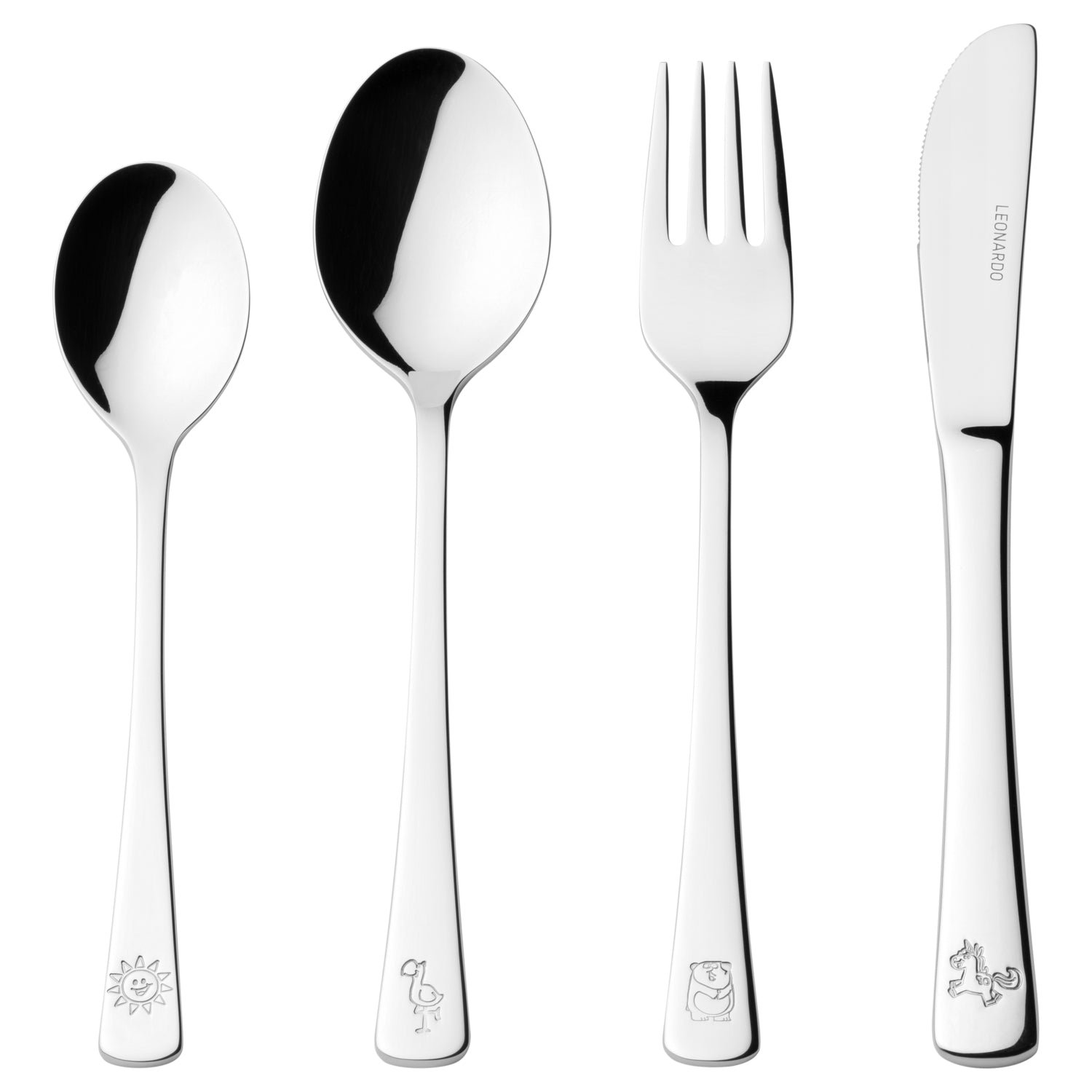 Leonardo 070799 Kinderbesteck BAMBINI 4-teilig Silber Panda, Einhorn, Flamingo