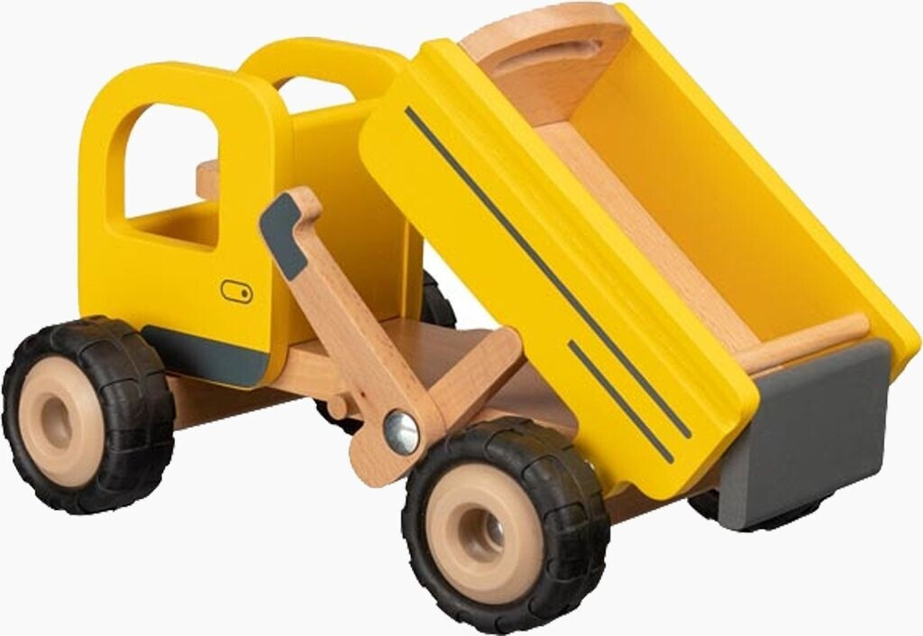 goki Holz-Kipplaster - Gelb, Kippmulde & Gummireifen, ab 3 Jahren Maschine, Rad, Rasenmäher, Pflanze, Werkzeug