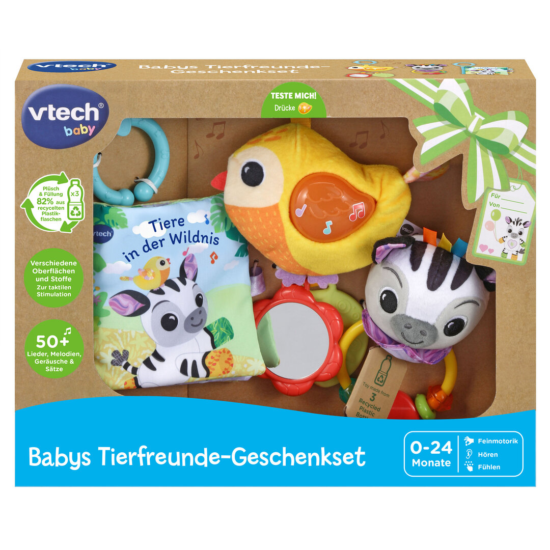 VTech Babys Tierfreunde-Geschenkset Motorik-Spielzeug ab 6 Monaten VTech Babys Tierfreunde-Geschenkset aus 3 Teilen: weiches Stoffbuch, Zebrarassel, Vogel mit Spiegel & Beißhilfe; 6 Lieder, 45 Melodien, 82 % recycelter Plüsch, kindersicher ab 0,5 J., Spielzeug, Plüsch