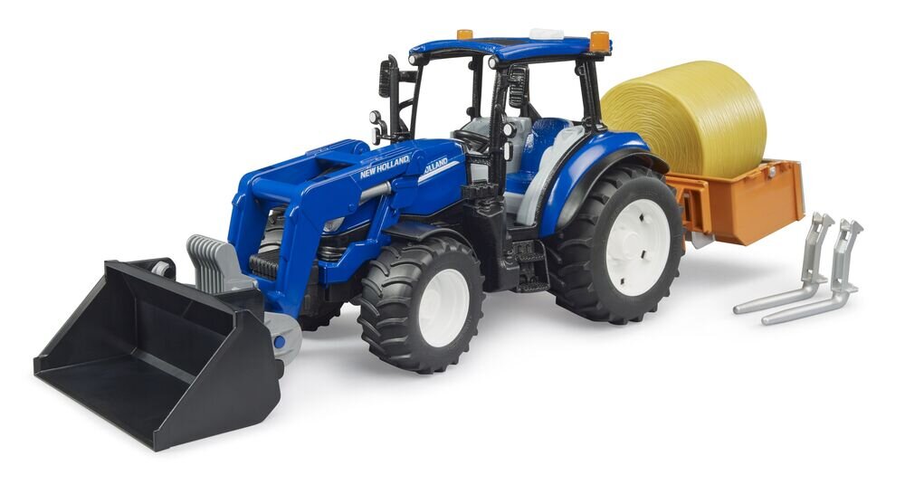 New Holland T5.120 mit FL, Ladekasten, Gabeln + 1 Rundballen Traktor, Fahrzeug, Bulldozer, Maschine, Stuhl