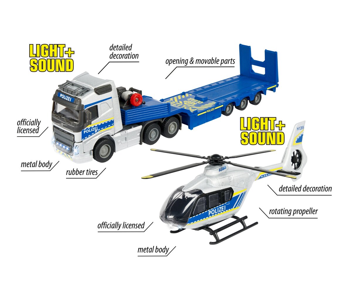 Majorette Volvo Truck + Airbus Police Helicopter (213716000) Flugzeug, Hubschrauber, Fahrzeug, Maschine, Rad