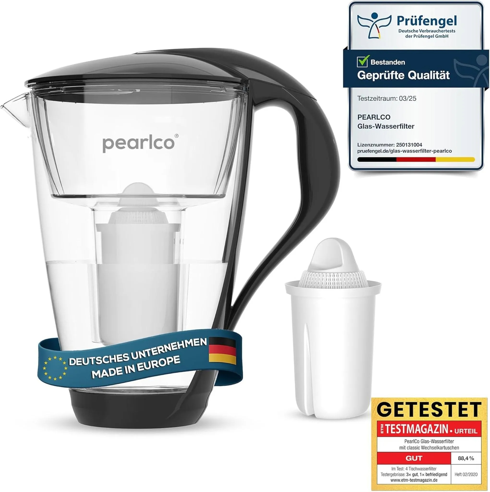 PEARLCO 234470 Glas-Wasserfilter inkl. 1 Kartusche Schwarz