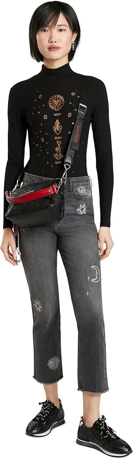 Desigual Damen Bodyshirt „Mind, Body, Soul“ - Schwarz gemustert 21WWTKCK2000 GR. S