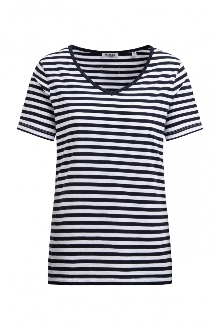 SENSES Gestreiftes T-Shirt TIM:MI mit V-Ausschnitt night navy / opticwhite SENSES Gestreiftes T-Shirt TIM:MI mit V-Ausschnitt night navy / opticwhite