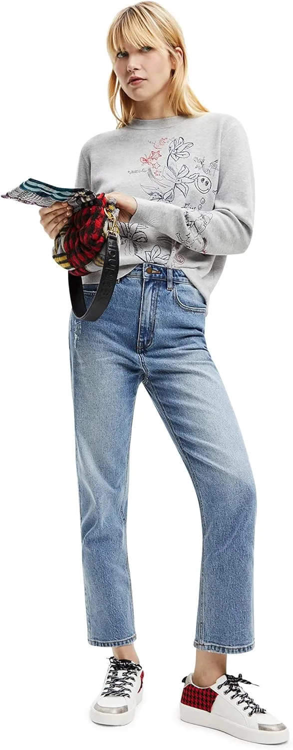 Desigual Damen Pullover - Grauer Sweater mit floraler Stickerei 22WWJFAF2042 GR. XS Desigual Damen Pullover - Grauer Sweater mit floraler Stickerei 22WWJFAF2042 GR. XS