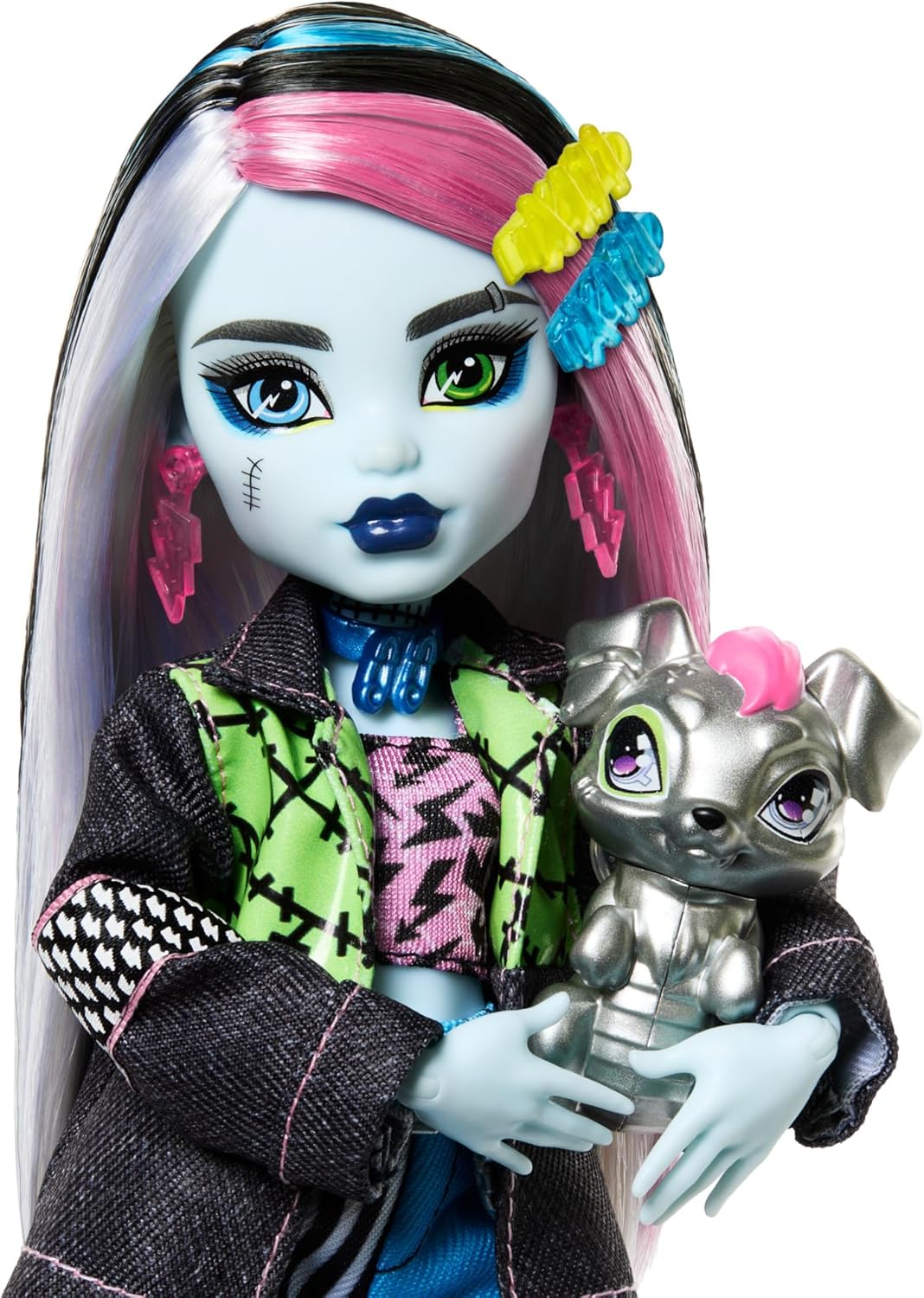 Monster High Frankie Stein Puppe mit Hund Watzie HXH73 Puppe, Spielzeug, Handschuh, Person, Gesicht