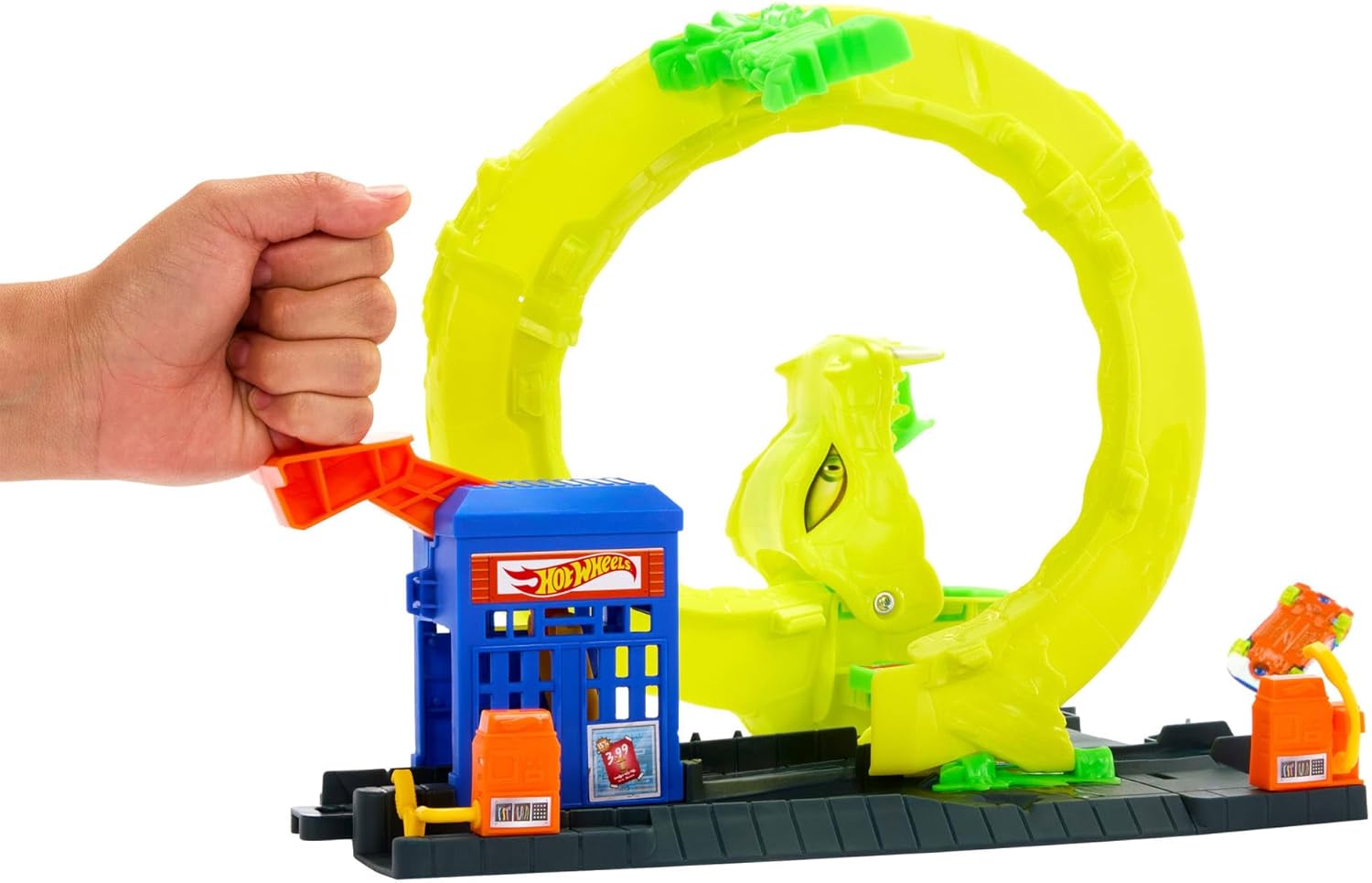 Hot Wheels City Snake Spiral Attack Spielset mit 1:64 Auto Hot Wheels City Snake Spiral Attack Spielset mit riesiger grüner Schlangenfigur, Spiralstrecke und 1:64 Fahrzeug