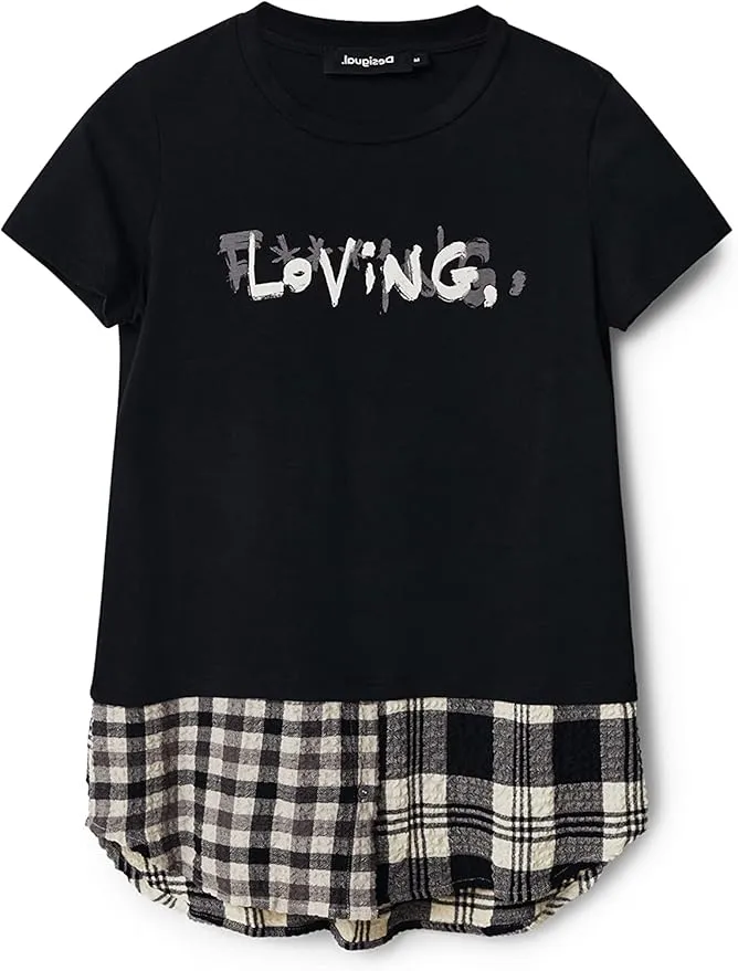 Desigual Damen T-Shirt - Schwarzes T-Shirt mit Karodetail und „Loving“-Print 22WWTKAF2006 GR. M