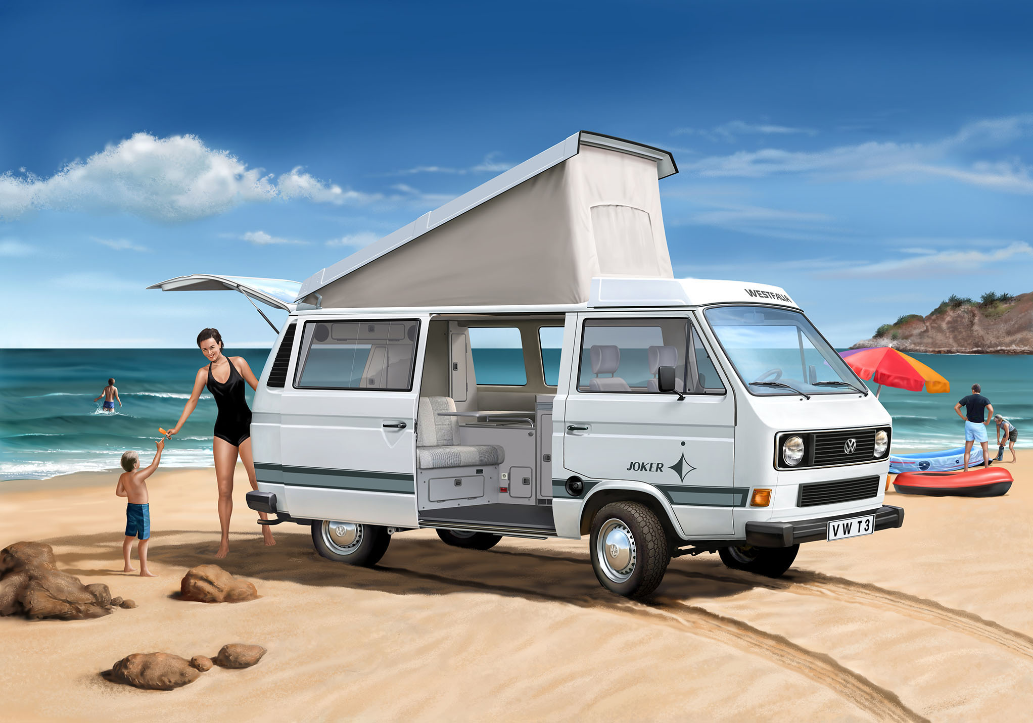 Revell 07344 Volkswagen T3 "Camper" Modellbausatz Wohnwagen, Fahrzeug, Lustig, Urlaub, Person