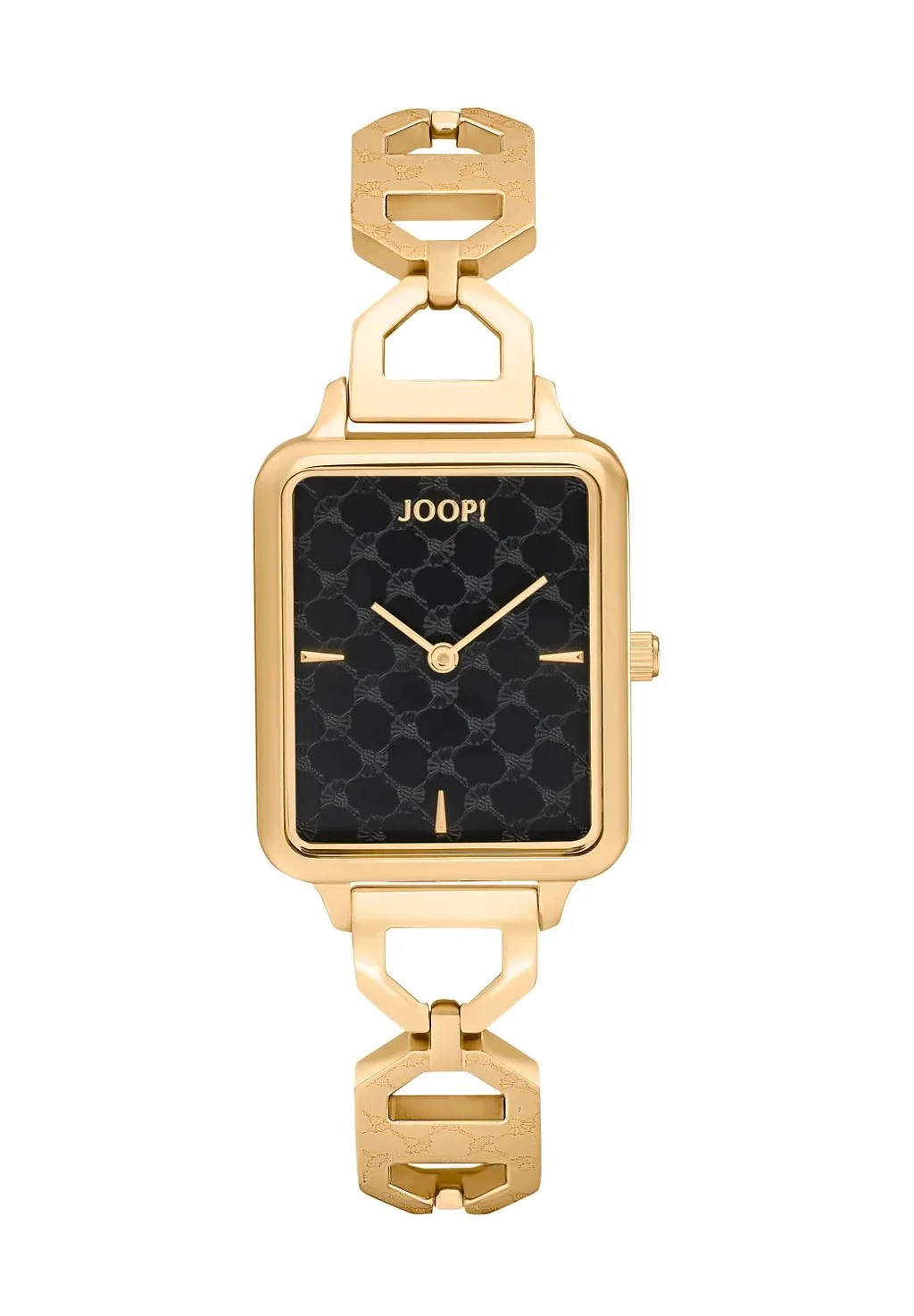 JOOP! Uhr - aus goldfarbenem Edelstahl, eckiges Gehäuse mit Kornblumen-Design, schwarzes Zifferblatt, Citizen Miyota Uhrwerk, Gliederarmband, wasserdicht bis 5 bar, Damen JOOP! Uhr - aus goldfarbenem Edelstahl, eckiges Gehäuse mit Kornblumen-Design, schwarzes Zifferblatt, Citizen Miyota Uhrwerk, Gliederarmband, wasserdicht bis 5 bar, Damen