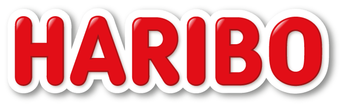 Haribo Logo – verspielter, roter Schriftzug „HARIBO“ in abgerundeter Schrift, teilweise mit fröhlichem Goldbären nebenan