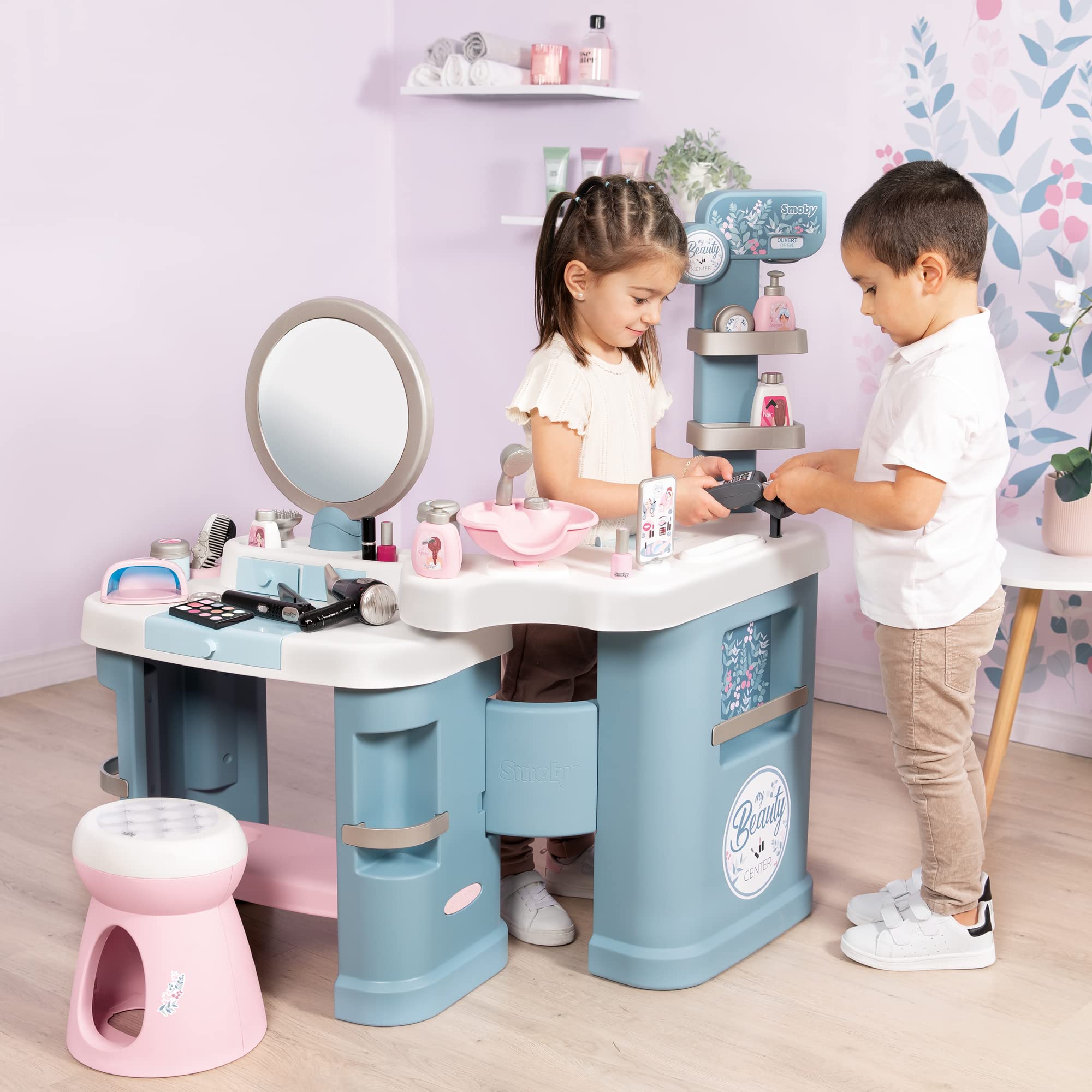 Smoby My Beauty Center Spielset: Friseur-, Make-up- und Verkaufsstation mit 32 Zubehörteilen Fen, UV-Lampe, Kosmetik, Kasse, ab 3 Jahren, Junge, Kind, Männlich, Person, Mädchen