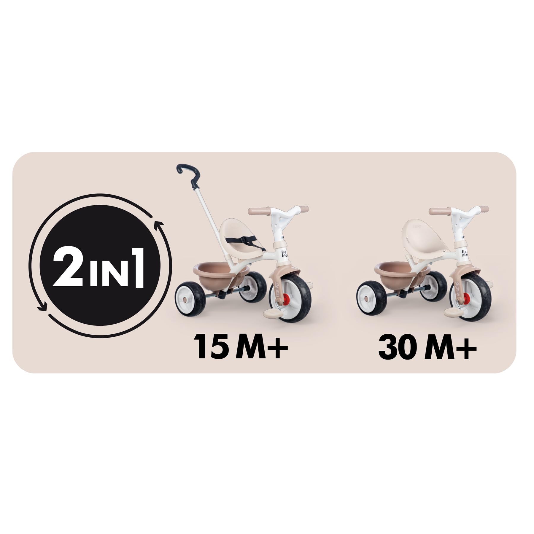 Smoby Be Move Tricycle Beige 2-in-1, verstellbare Elternstange, ab 15 Monaten Smoby Be Move Tricycle Beige 2-in-1 mit ergonomischem Sitz, Sicherheitsgurt, verstellbarer Elternstange bis 95 cm, Free-Wheel, Leichtlaufräder, beige, ca. 68×52×52 cm, Roller, Transport, Fahrzeug, Rasenmäher, Werkzeug