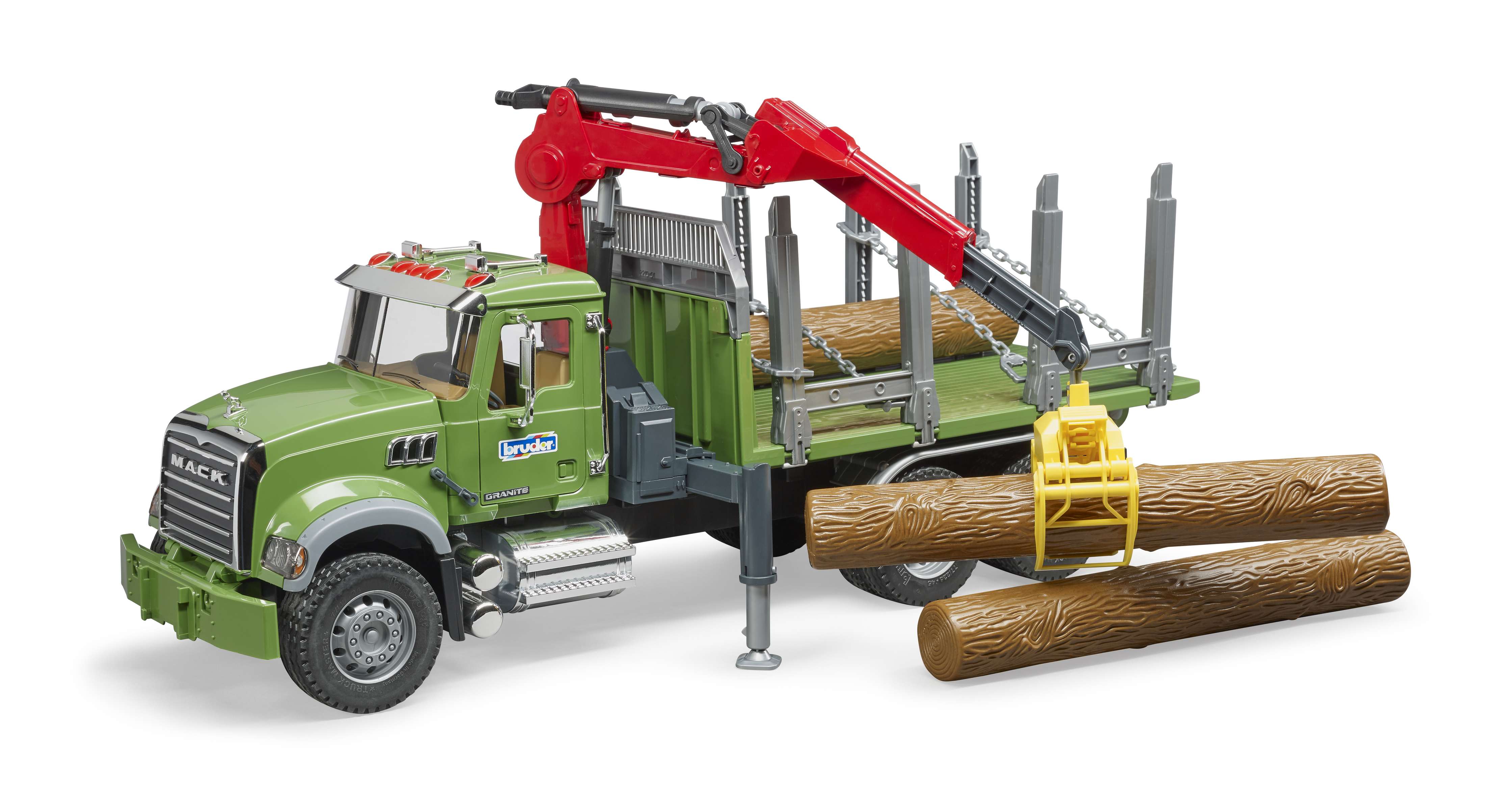 BRUDER 02824 - MACK Granite Holztransport-LKW mit Ladekran, Greifer und 3 Baumstämmen BRUDER 02824 - MACK Granite Holztransport-LKW mit Ladekran, Greifer und 3 Baumstämmen