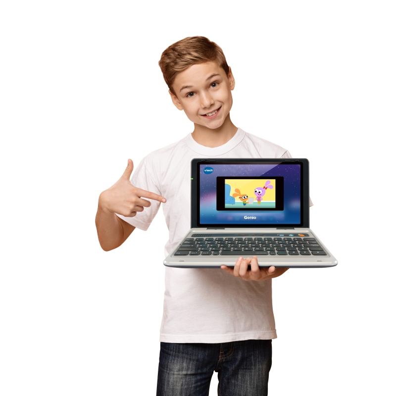 VTech Genio Lernlaptop 80-541004, Lerncomputer ab 5 Jahren VTech Genio Lernlaptop in Silber, robuster Kunststoff, 5'' Bildschirm, QWERTZ-Tastatur, 40 Lern-Apps, WLAN, microSD-Slot, Elternbrowser, ab 5 Jahren, Computer, Laptop, PC, Person, Finger