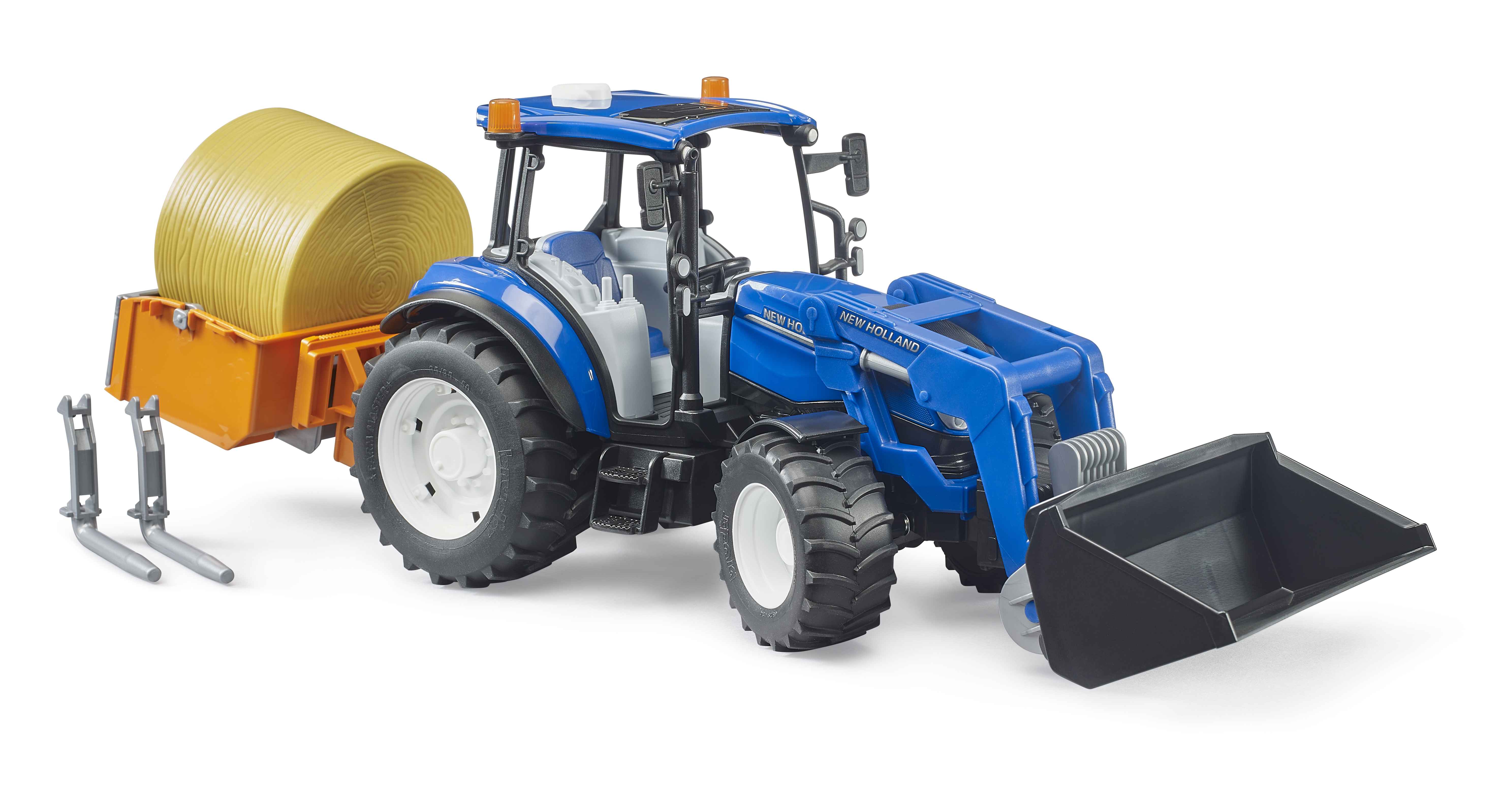 BRUDER 02187 - New Holland T5.120 mit Frontlader, Ladekasten, Gabeln und Rundballen - Bild 2