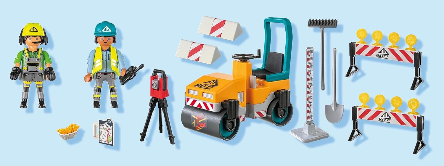 PLAYMOBIL 71751 - Action Heroes: Straßenbaustelle mit Walze, Absperrung & Bauarbeitern Person, Arbeiter, Junge, Kind, Männlich