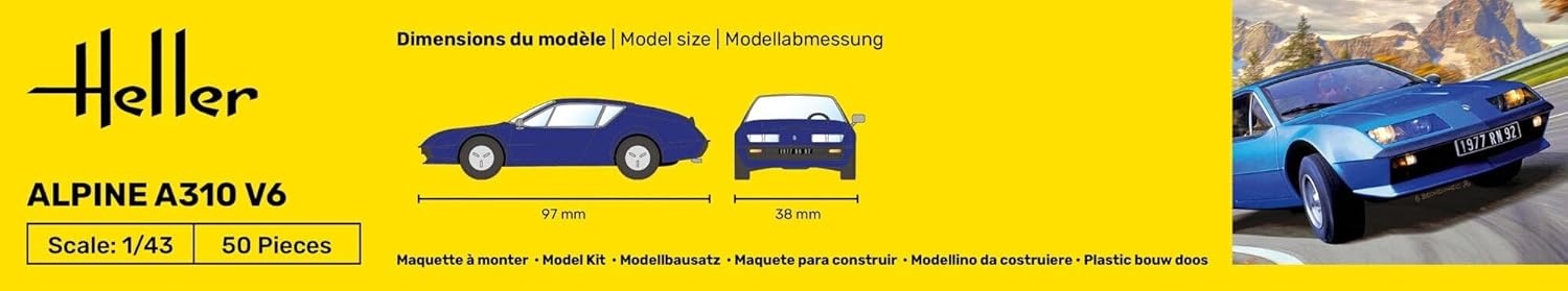 Heller Starter Kit Alpine A310 1:43 Modellbausatz mit Kleber & Farbe, ab 15 Jahren Heller Starter Kit Alpine A310 V6 1:43 Bausatz mit Pinsel, Farbe und Kleber, modellierfreundlich, Detailmaßstab 97×38 mm, ab ca. 15 Jahren, Werbung, Auto, Coupé, Plakat, Nummernschild, Werbung, Auto, Coupé, Plakat, Nummernschild