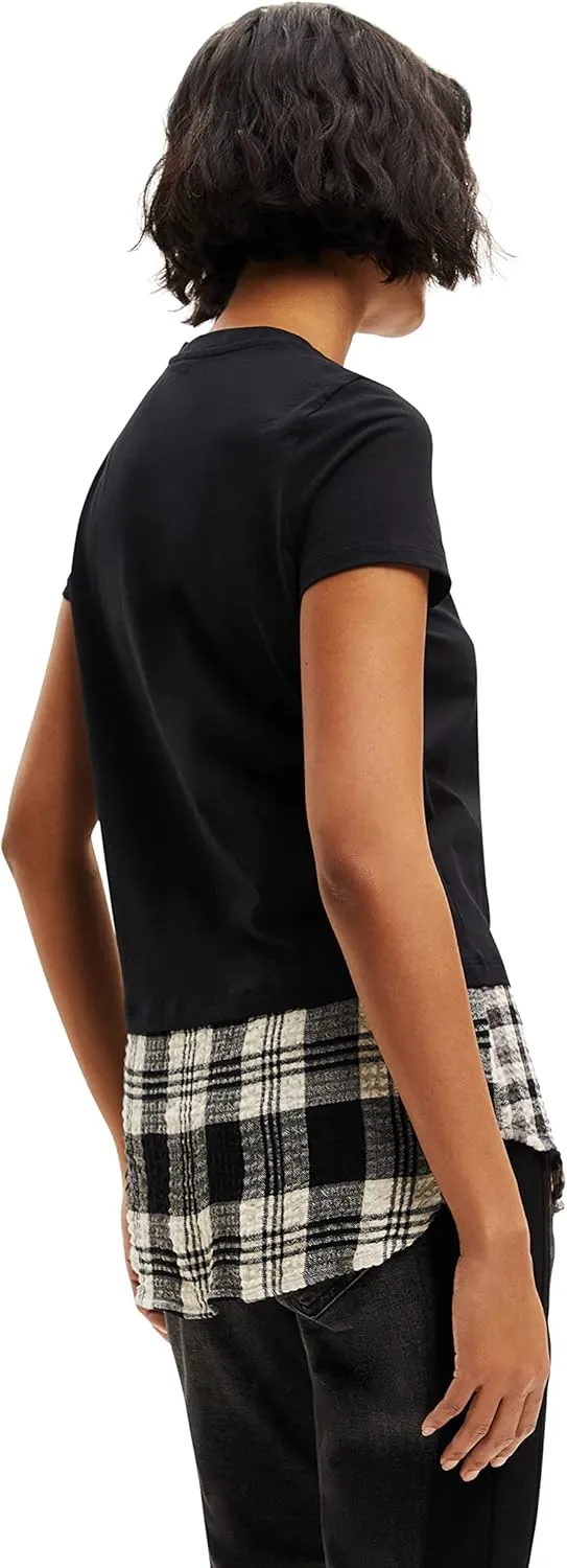 Desigual Damen T-Shirt - Schwarzes T-Shirt mit Karodetail und „Loving“-Print 22WWTKAF2006 GR. M Desigual Damen T-Shirt - Schwarzes T-Shirt mit Karodetail und „Loving“-Print 22WWTKAF2006 GR. M