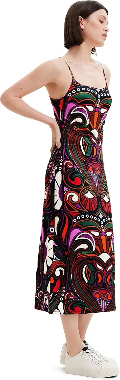 Desigual Damen Kleid - Buntes Midikleid mit Trägern und Retro-Muster 22WWVK232000 GR. L