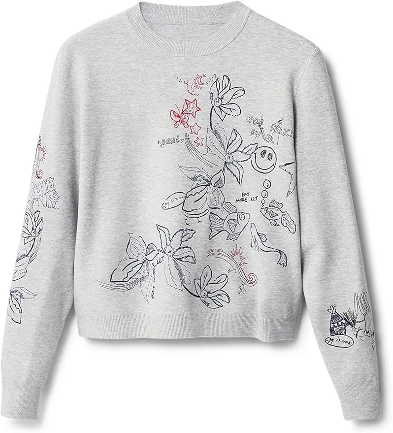 Desigual Damen Pullover - Grauer Sweater mit floraler Stickerei 22WWJFAF2042 GR. XS Desigual Damen Pullover - Grauer Sweater mit floraler Stickerei 22WWJFAF2042 GR. XS