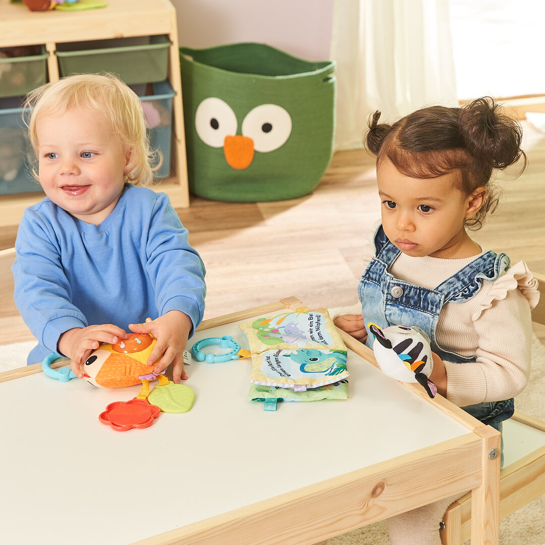 VTech Babys Tierfreunde-Geschenkset Motorik-Spielzeug ab 6 Monaten VTech Babys Tierfreunde-Geschenkset aus 3 Teilen: weiches Stoffbuch, Zebrarassel, Vogel mit Spiegel & Beißhilfe; 6 Lieder, 45 Melodien, 82 % recycelter Plüsch, kindersicher ab 0,5 J., Abspielen, Person, Gesicht, Kopf