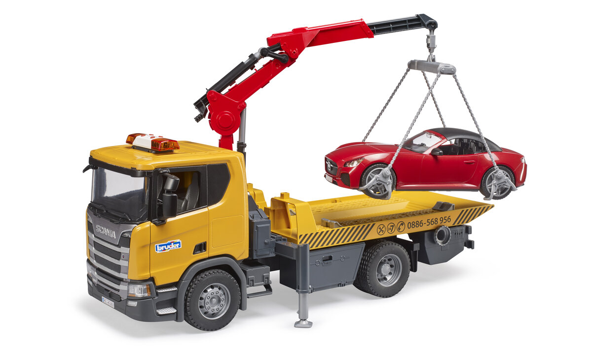 Bruder 03552 Scania Super 560R Abschlepp-LKW mit Light + Sound Modul und Bruder Roadster Baugewerbe, Baukran, Auto, Rad, Abschleppwagen