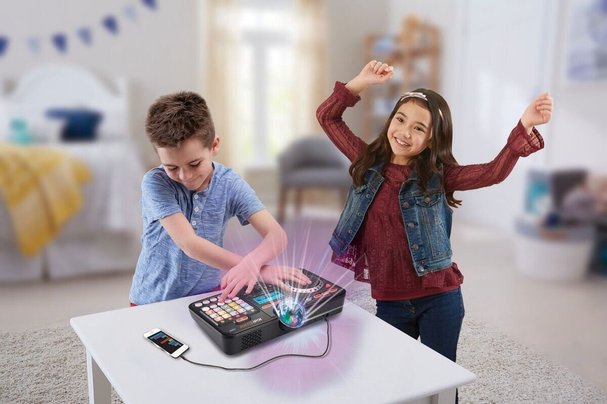 VTech Kidi DJ Mix interaktives DJ-Pult ab 6 Jahren VTech Kidi DJ Mix Spielkonsole in Schwarz/Multicolor aus Kunststoff mit Jog-Wheel, LED-Sound-Pad, Crossfader, Mikrofon, Bluetooth, Disco-Licht & 15 Melodien, ab 6 J.,