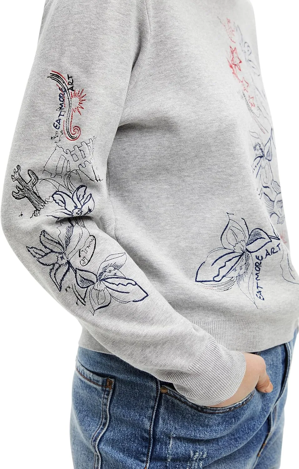 Desigual Damen Pullover - Grauer Sweater mit floraler Stickerei 22WWJFAF2042 GR. XS