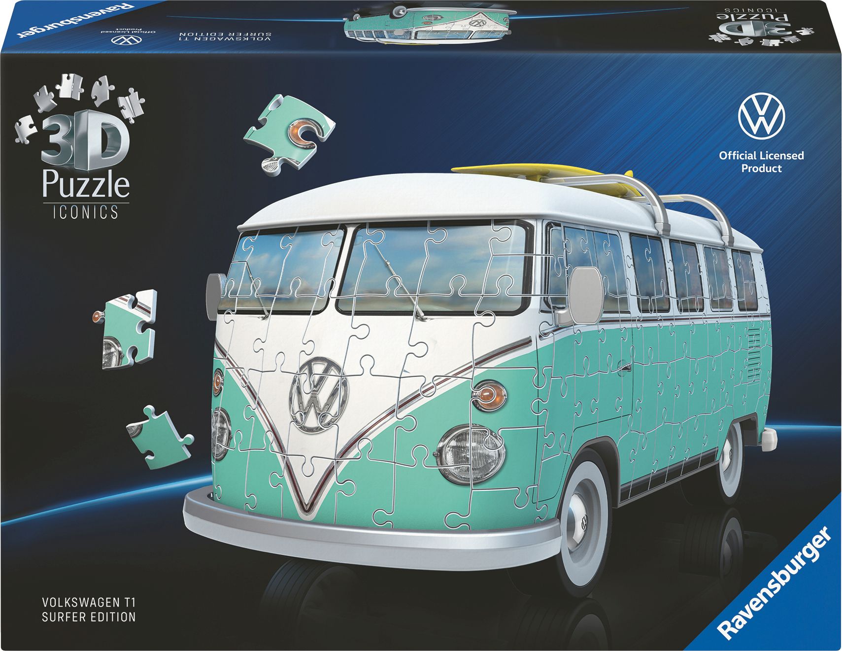 Ravensburger, 3D, Puzzle, Iconics:, 12008035, Volkswagen, T1, Eine, echte, Ikone, der, Automobilgeschichte., Der, VW, Bulli, im, Mod, Wohnwagen, Transport, Transporter, Fahrzeug, Bus