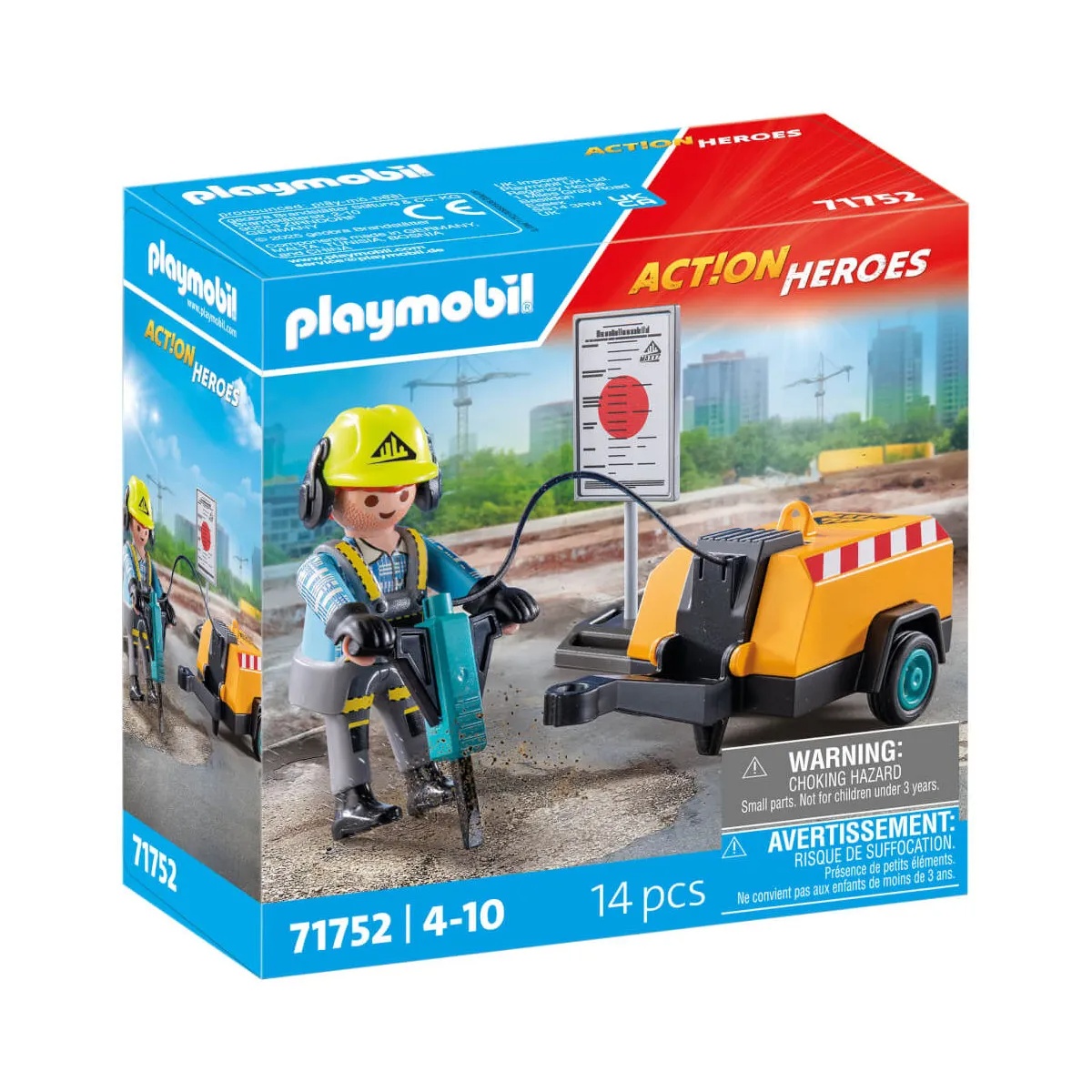 PLAYMOBIL 71752 Action Heroes: Bauarbeiter mit Meißel, Presslufthammer & Zubehör Schutzhelm, Helm, Person, Arbeiter, Kind