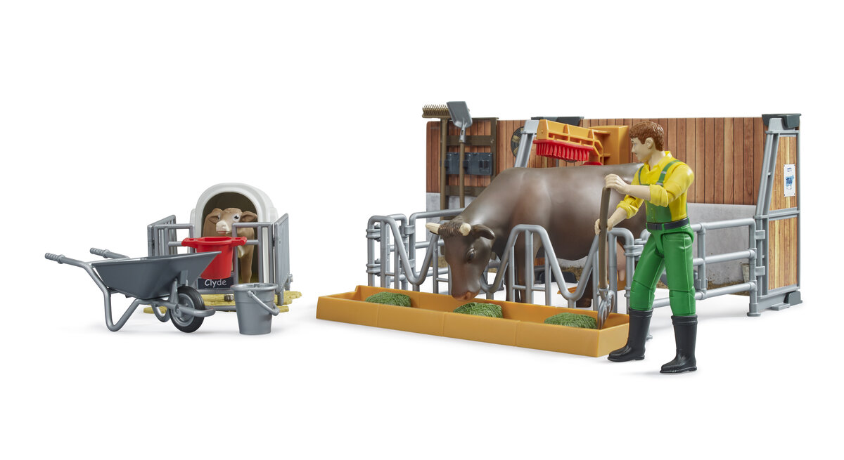 Bruder 62611 bworld Kuh- und Kälberstall mit Landwirt Person, Kuh, Säugetier, Maschine, Rad