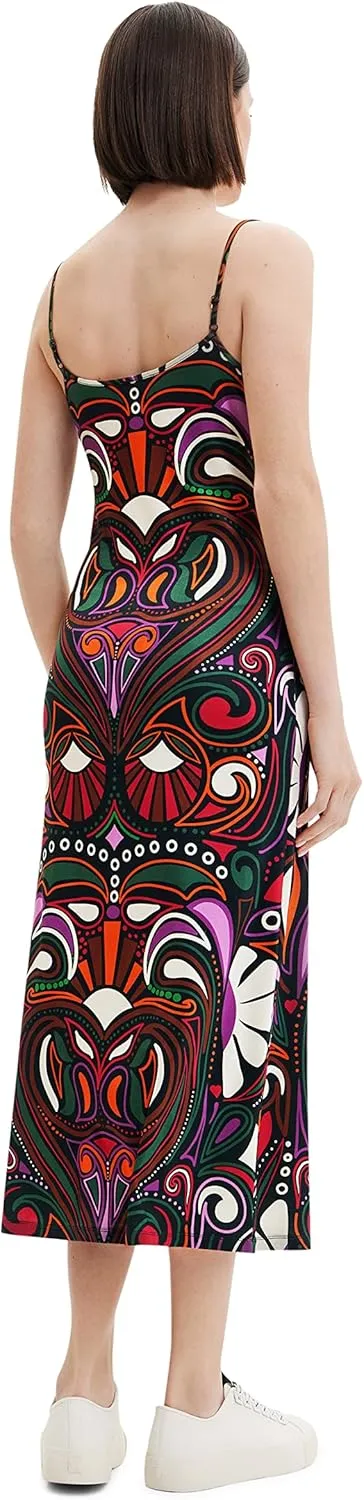 Desigual Damen Kleid - Buntes Midikleid mit Trägern und Retro-Muster 22WWVK232000 GR. M