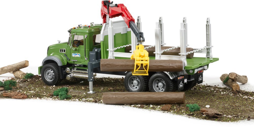 BRUDER 02824 - MACK Granite Holztransport-LKW mit Ladekran, Greifer und 3 Baumstämmen Maschine, Rad