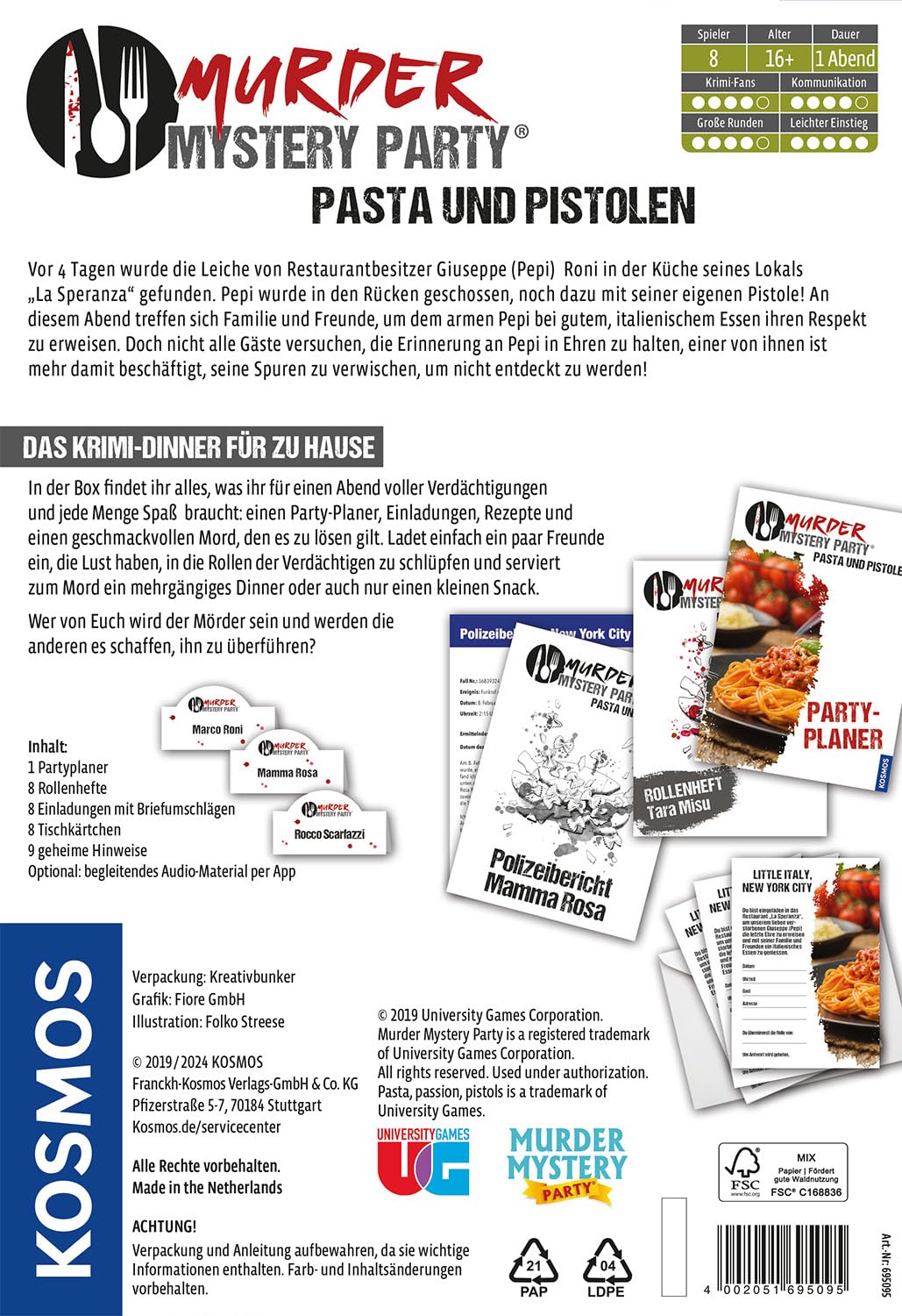 Kosmos Das Krimi Dinner Pasta Und Pistolen - Mordfall Zum Mitspielen Für 8 Personen 695095 Werbung, Plakat, Text, Werbung, Plakat, Text