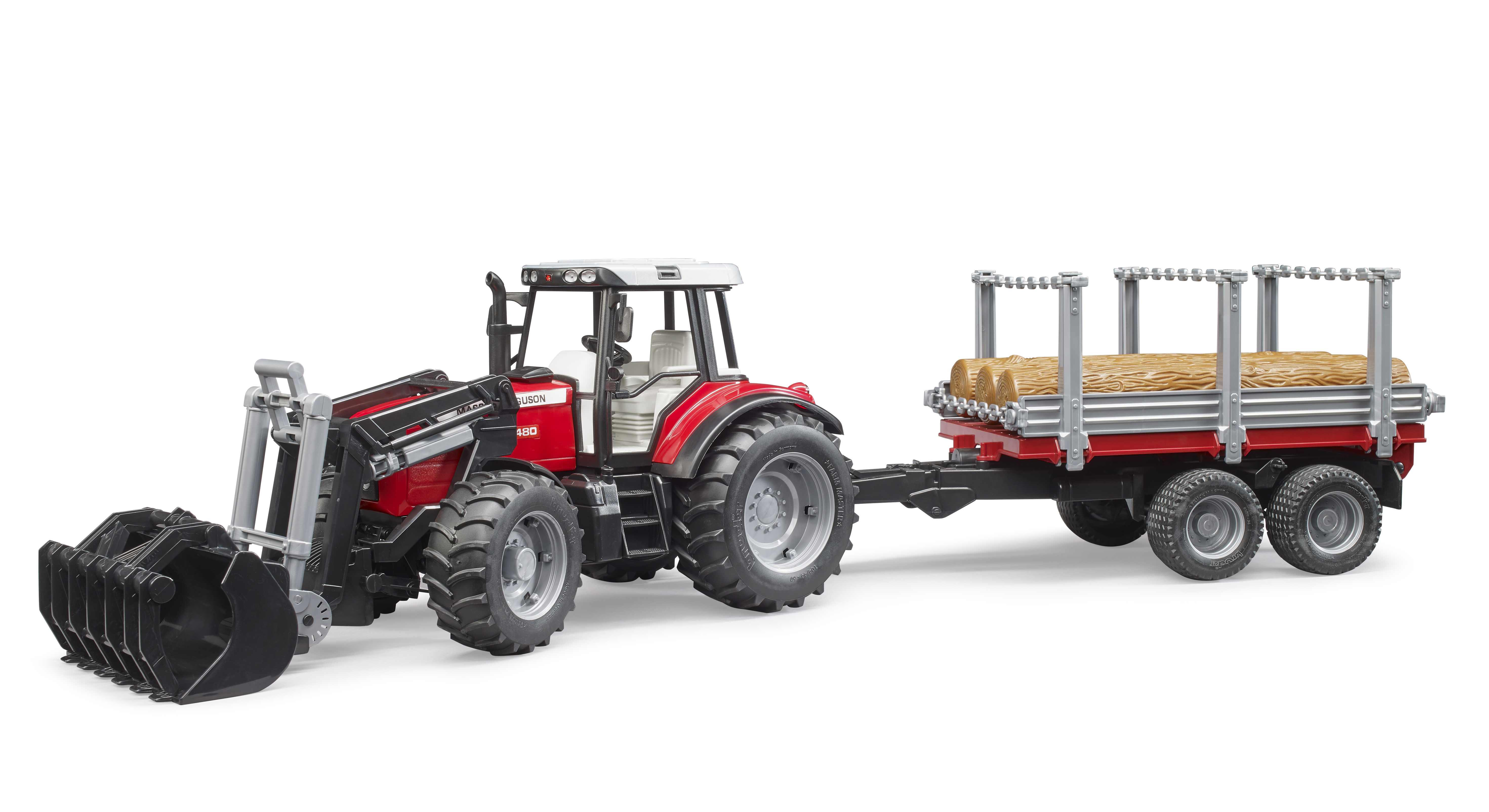 BRUDER 02046 - Massey Ferguson 7480 mit Frontlader, Holztransportanhänger und 3 Baumstämmen BRUDER 02046 - Massey Ferguson 7480 mit Frontlader, Holztransportanhänger und 3 Baumstämmen