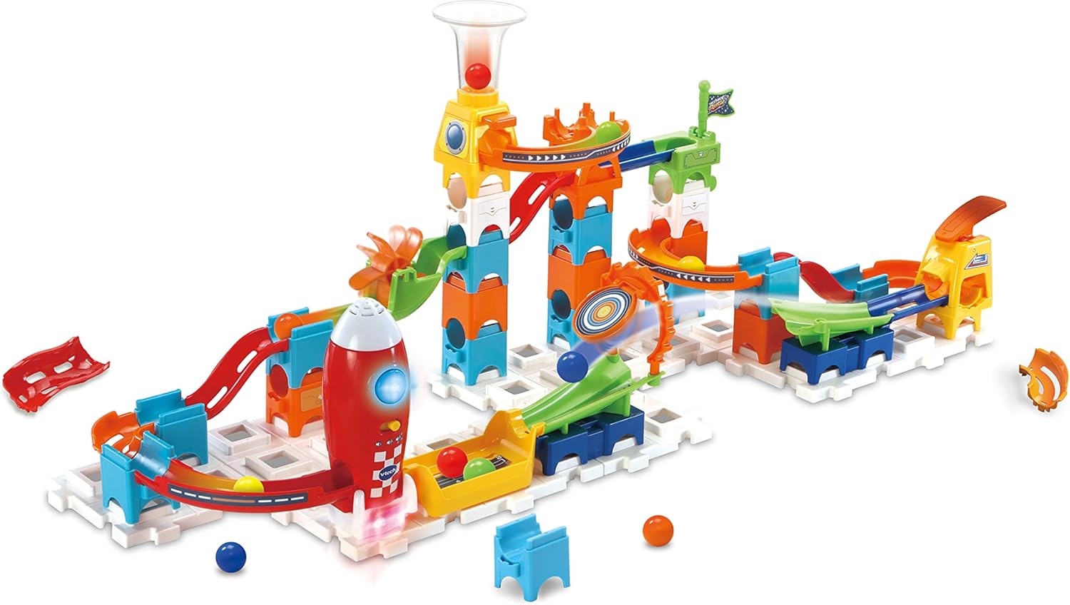 VTech Marble Rush Rocket Set M100 E, interaktive Kugelbahn ab 4 Jahren VTech Marble Rush Rocket Set M100 E aus Kunststoff mit 78 Teilen, inklusive 10 MarBalls, Licht- & Soundmodul, Rakete, Launcher, kompatibel, ab 4 J.,