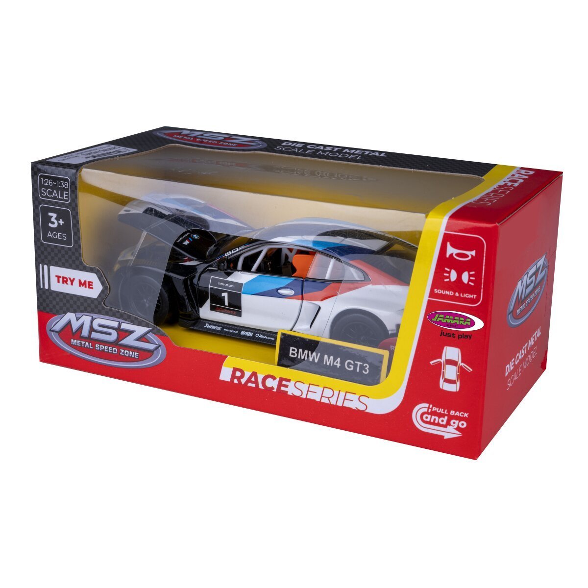 JAMARA BMW M4 GT3 Diecast 1:32 weiß inkl. Knopfzellen ab 3 Jahren