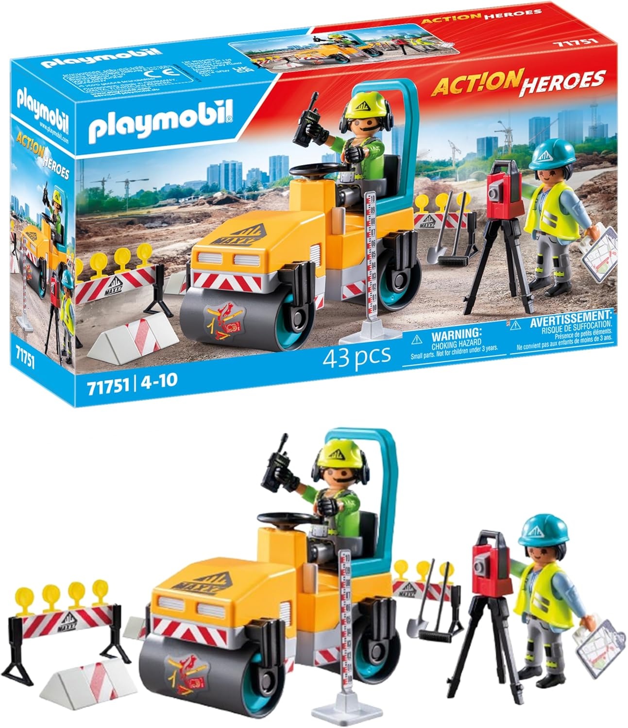 PLAYMOBIL 71751 Action Heroes: Straßenbaustelle mit Walze, Absperrung & Bauarbeitern Schutzhelm, Junge, Kind, Männlich, Person