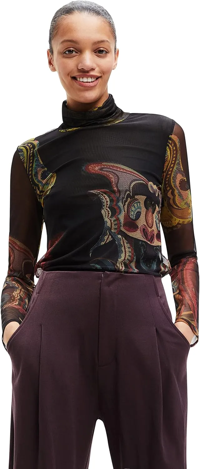 Desigual Damen Langarmshirt - Schwarzes Mesh-Shirt mit buntem Print 22WWTK392000 GR. M Desigual Damen Langarmshirt - Schwarzes Mesh-Shirt mit buntem Print 22WWTK392000 GR. M