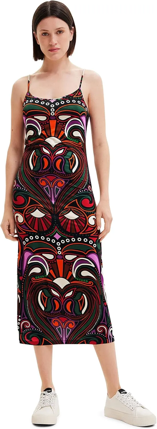 Desigual Damen Kleid - Buntes Midikleid mit Trägern und Retro-Muster 22WWVK232000 GR. L